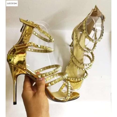 2020 new women spike stud high heels party shoes summer gladiator sandals wedding shoes rivets stud sandals gold dress shoes