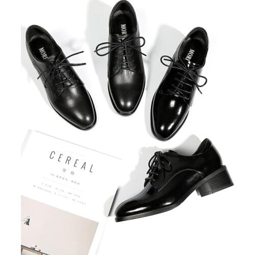 Oxfords Women Calfskin Genuine Leather Mid Heel For Women Shoes British Style Spring 2021 New Lace Up Thick Heel Shoes