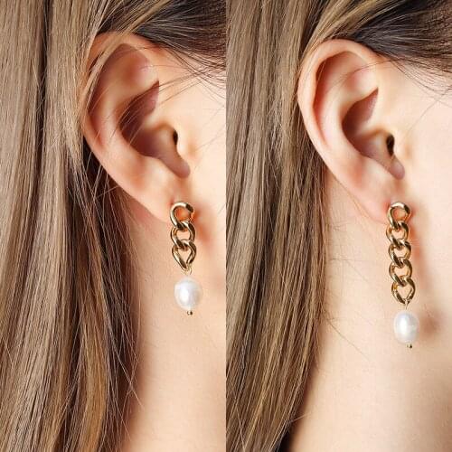 Minar 2 Styles Titanium Steel Asymmetry Long Twist Chain Tassel Earrings for Women Baroque Pearl Pendant Earrings Accessories