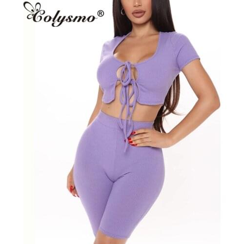 Colysmo Loungewear Set Summer Two Piece Set Women Ribbed Short Sleeve Chest Hollow Out Tie Up Crop Top Shorts Suit Purrple 2020