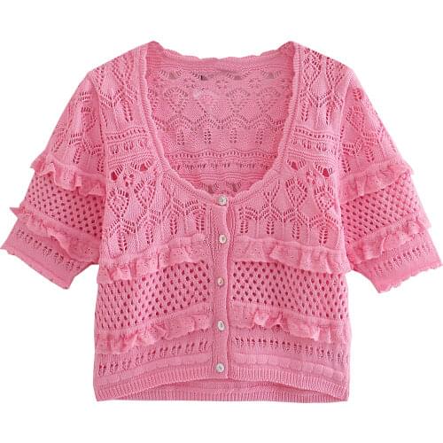 Za Women Fashion Retro Solid Hollowed Out O-neck Knitted Cardigan Short Top Vintage Short Sleeve Sweater XITIMEAO
