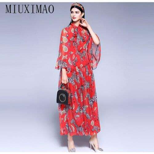 2018 Europe Elegant New Arrival Spring A-Line O-Neck Batwing Sleeve Bow Animal Print High Quality Ankle-Length Long Dress Women