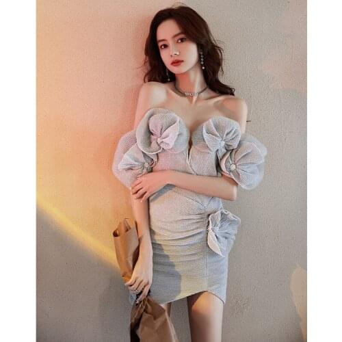 Tube Top Flower Cocktail Dress Off the Shoulder Birthday Party Dress Short Banquet Fashion One-shoulder Evening Dress Women A275