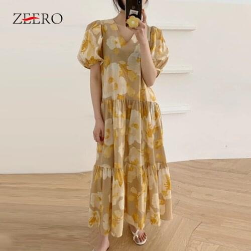Summer Korean Floral Print Puff Sleeve V Neck Women Maxi Beach Boho Dress Elegant Female Casual Loose Long Dresses Vestidos
