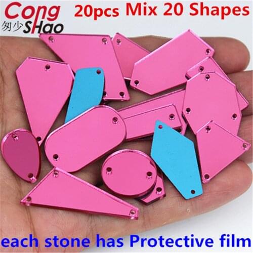 20pcs Mix Size Sewing Mirror Rhinestone Fuchsia Crystal Stones Applique Flat Back Acrylic Gems Sew On DIY Strass for Dress 8Y997