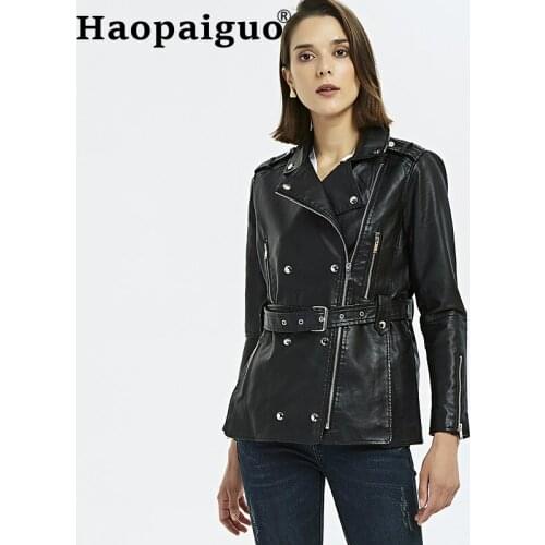 2019 Modis Winter Autumn Motorcycle PU Leather Jackets Black Leather Jacket Women Leather Coat Slim Jacket Leather with Sashes