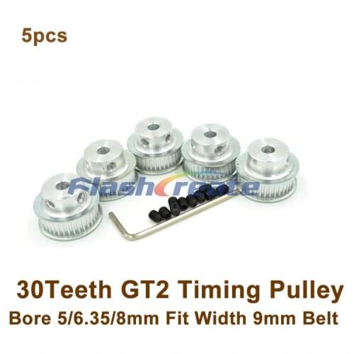 5pcs 30 Teeth 2GT Timing Pulley Bore 5/6.35/8mm Fit 2GT Timing Belt Width 9mm 2GT Belt 30T 30Teeth GT2 Pulley For 3D Printer