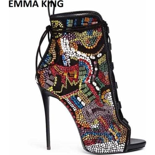 Colorful Crystal Covered Peep toe Lace up High Heel Ankle Boots Multicolor Diamond Ladies Shoes Lace Up High Heels Summer Sandal
