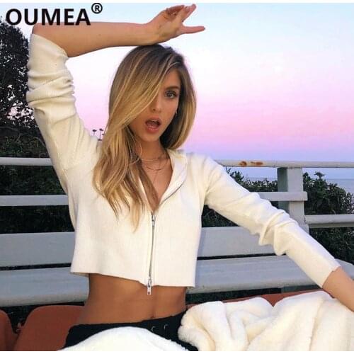 OUMEA Women Double End Metal Zipper Rib Cropped Knit Cardigans Ladies Casual White Rib Knit Weekend Long Sleeve Hoodie Jacket