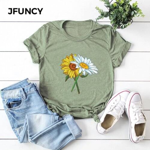 JFUNCY Sunflower Short Sleeve Womens T-shirt Cotton T-shirts Women Summer Tee Shirts Woman Tops Plus Size S-5XL Casual T Shirt