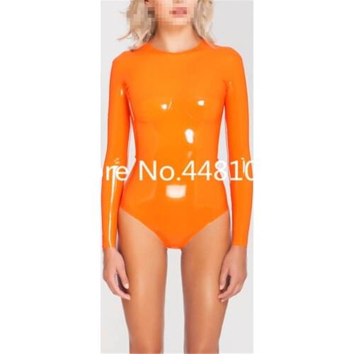 100% Nature Latex Handmade Leotard Swimsuit Orange Latex Tight Costumes Bodysuit Latex Long Sleeve Clothes XS-XXXL(no zipper)
