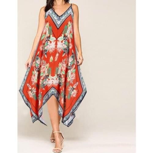 Summer Irregular Retro Printing Sling Dress Folk Custom Loose Floral Dresses Sleeveless Vintage Sundress Outer Wear Wholesale