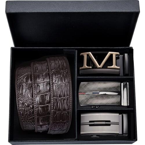 Luxury Box Belt Men 3.5cm wide Brown Cowhide Genuine Leather Automatic Buckle Belts for Men Cowboy Crocodile Belt Jeans Strap