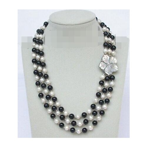 Genuine 17"-20" 8mm 3row round white freshwater pearl black agate necklace