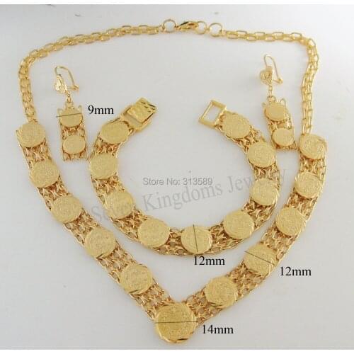 NEW - YELLOW GOLD GP MUSLIM ISLAMIC MONEY SIGN EARRING BRACELET NECKLACE SET