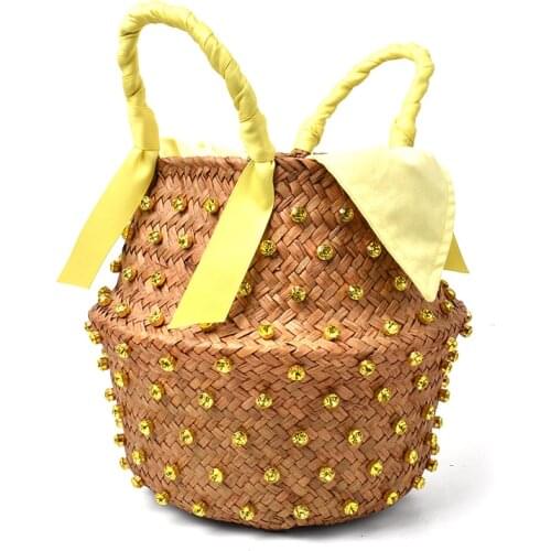 2021 Colored diamonds hand-sewn woven bag, holiday hand-carried straw bag, fashionable rhinestone embellished straw bag