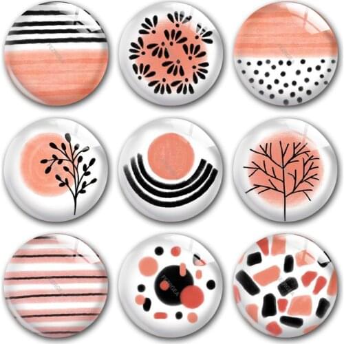 Handmade Pink Black Flower Geometric Pattern Round Photo Glass Cabochons Demo Flat Back DIY Jewelry Making Findings Accessory