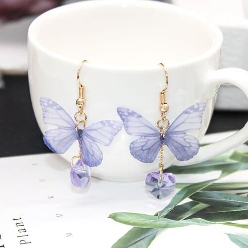 Fashion and Cute Purple Butterfly Pendant Earrings Popular Enamel Beautiful Glass Clip on Earrings 2021 New Jewelry for Women