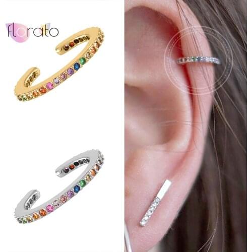 1PC Plated 24K Gold/925 Silver Ear Cuff For Women Skinny Charming Colorful Crystal Clip On Earrings Without Piercing