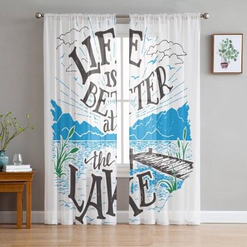 Blue Lakeside Life Is Better Than Lake Quote Sheer Curtains for Living Room Modern Bedroom Voile Tulle Curtain Window Drapes