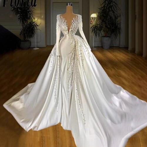 Gorgeous Satin Long Sleeves Wedding Dresses Sheer Neck Heavy Beding Detachable Train Bridal Gowns Wedding Vestidos 2021