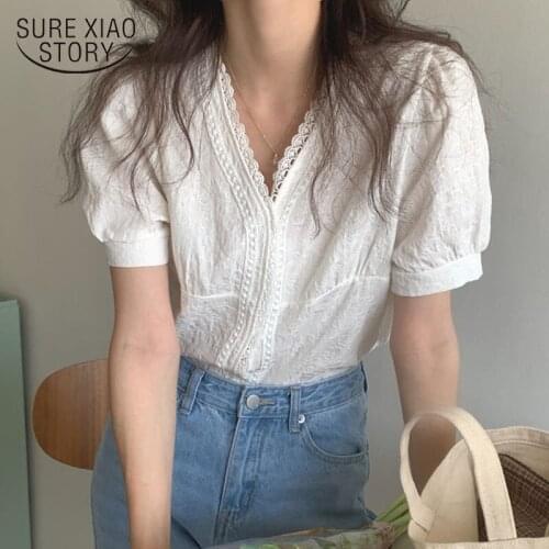 Casual White Lace Blouse Women Shirts Blouses Tops Summer New 2021 Fashion V-neck Loose Shirt Puff Sleeve Top Blusas Mujer 14825