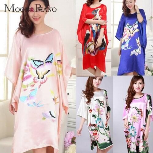 Large Size Printed Women Nightdress Comfortable Loose Rayon Satin European and American Style Round Neck Casual Home Sleepwear