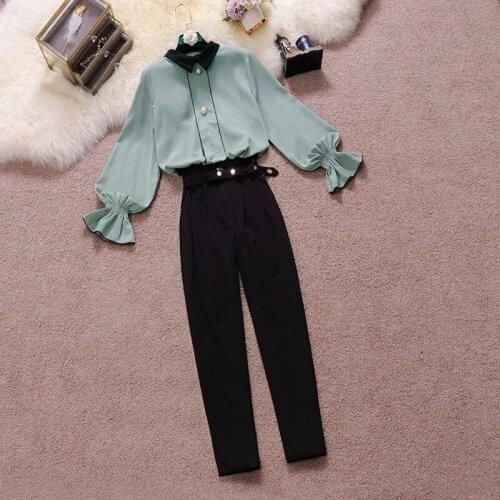 Women Blouse Vintage Turn-down Collar Spring Autumn Chiffon Shirt+Black pants High Waist Trousers Set Office Ladies Fashion Suit