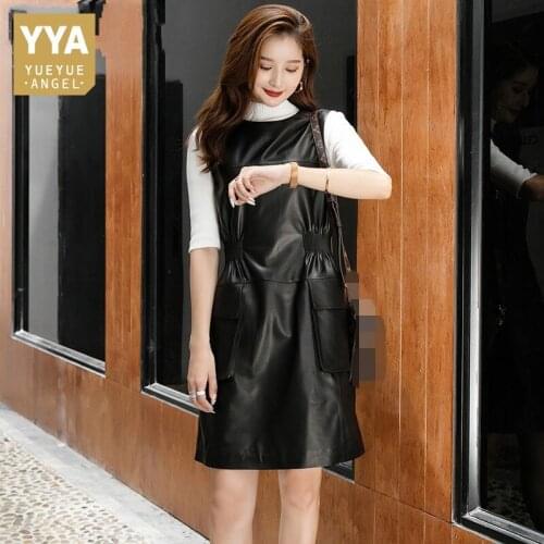 Women O-Neck Office A-Line Dress Street Folds Elastic Waist Sheepskin Tank Dress Spring Autumn Casual Knee Length Dress Women