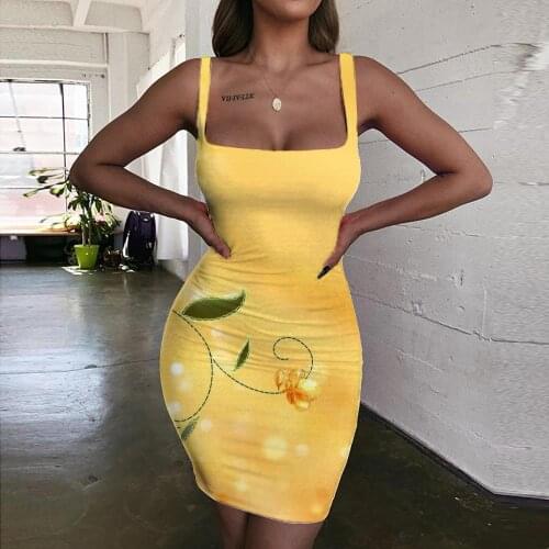 KYKU Flower Dress Women Art 3d Print Party Vestido Sexy Golden Bodycon Dress Womens Clothing Summer Beach Korean Style Fashion