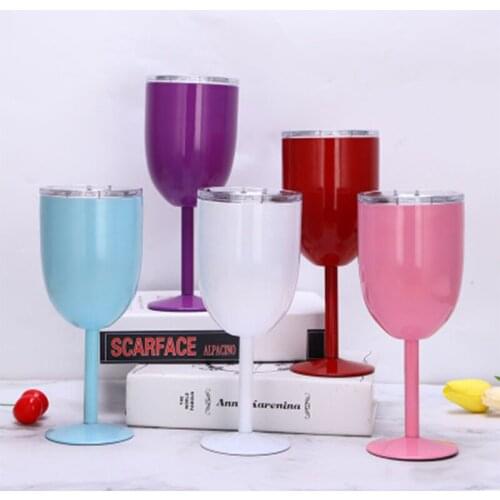 10oz Goblet Colorful Champagne Glass Double Wall With Lid Stainless Steel Wine Tumbler High Quality 9 Colors For Party Gift