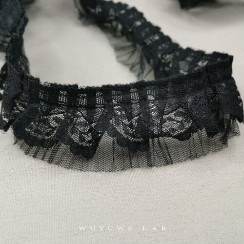2M Black Mesh Embroidered Pleated Lace Trims Fabric Ribbon 5cm Double Deck Sewing Wrinkle DIY Curtain Garment Sewing Supplies