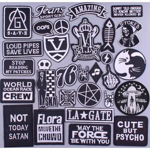 Black And White Letter Patch For Clothing Iron On Punk Rock Embroidered Patch Appliques Stripe For DIY T-shirt Badges Apparel