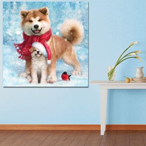 Large Size Oil Painting Dogs Christmas Akita Puppy Wall Art Canvas Prints Pictures For Living Room And Bedroom No Frames WLONG