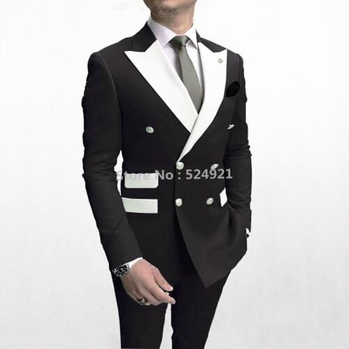 Double Breasted Men Suits Black Groom Tuxedos Peak White Lapel Groomsmen Wedding Best Man 2 Pieces ( Jacket+Pants+Tie ) D42