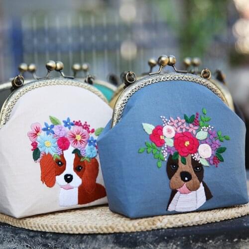 DIY Dog Embroidery Kit of Portable Kissing Bag Pattern Printed Cross Stitch Handicraft Set Handmade Sewing Art Craft Gift