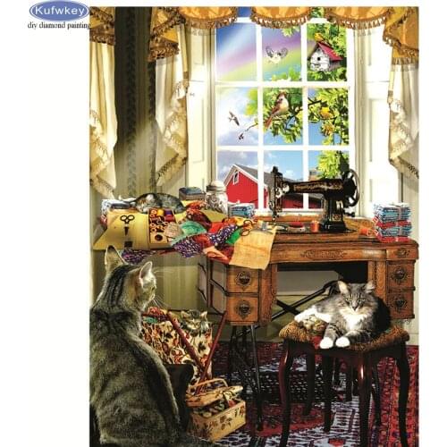 Full Square/Round Diamond Painting Sewing machine cat Diy Mosaic Drill Resin Embroidery Cross Stitch Kit Needlework Home Decor