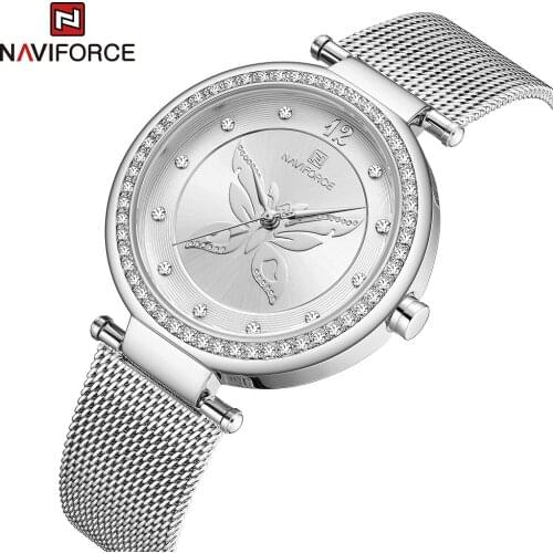Silver Mesh Belt Waterproof Ladies Quartz Wrist Watch NAVIFORCE Rhinestone Design Luxury Japan Quartz Movement Women Watches