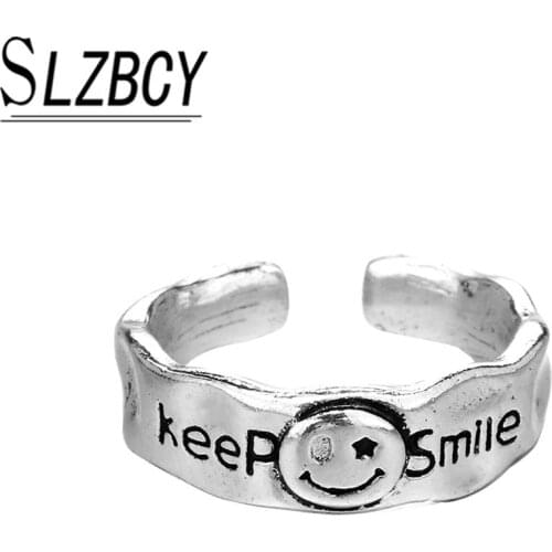 Silver Color Lucky Smile Ring Retro Fashion Punk Adjustable Opening Rings For Women Men Female Charm Jewelry Ring Wholesale Gift