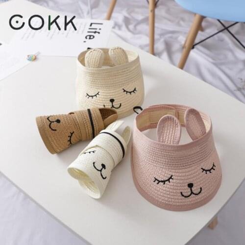 COKK Children Straw Hat Summer Hats For Baby Girl Boy Kids Sunshade Sun Visor Empty Top Lovely Cartoon Floppy Sun Hat Beach Cap