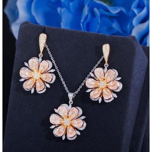 ThreeGraces Elegant Cubic Zirconia 3 Tone Gold Color Chic Flower Shape Dangle Earrings Necklace Women Fashion Jewelry Sets JS532