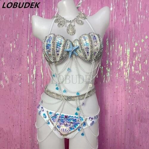 Shell Crystal Bikini Set Festival Rave Party Bar Club Stage Costume Rhinestones Beads Bra Skirt Outfit Sexy DJ Show Dance Wear