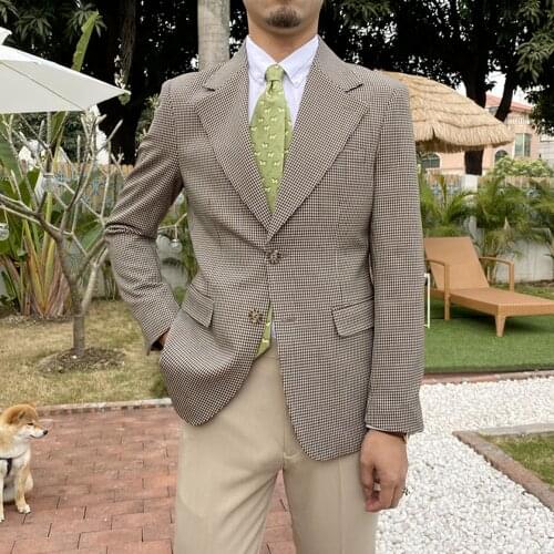 Vintage British Men Blazers Houndstooth Wedding Business Blazer Casual Slim Fit Suit Jacket Street Wear Social Dress Coat 2021