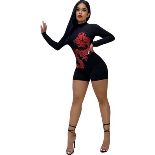 RStylish Women Sexy Pattern Print Long Sleeve O-Neck Stretch Back Hollow Out Summer 2021 Club Bodycon Romper