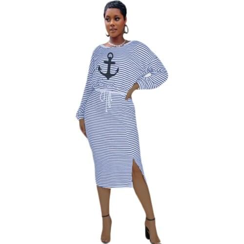 Office Lady French Vintage Two-piece Outfits Casual Striped Navy Print Women Skirt Set Long Sleeve Pullover Top Casual Dress