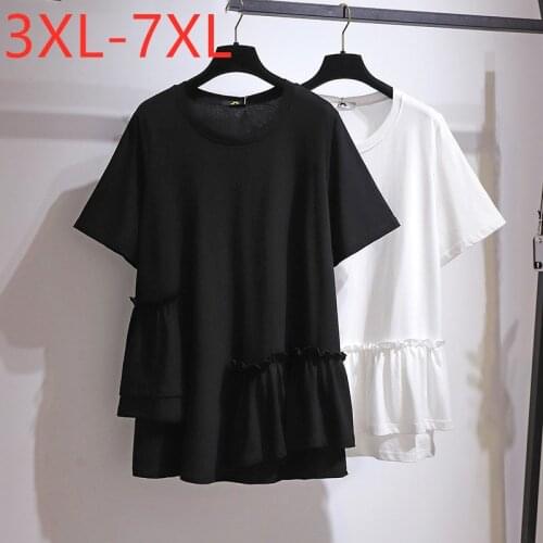 New 2021 Ladies Summer Plus Size Tops For Women Large Short Sleeve Loose Black White Cotton Ruffle T-shirt 3XL 4XL 5XL 6XL 7XL