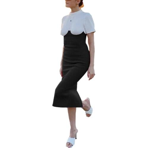 Women Summer Casual Dress, Splicing O-Neck Short Sleeves Form-Fitting Skirt with Chest Support for Girls, Pink/Black