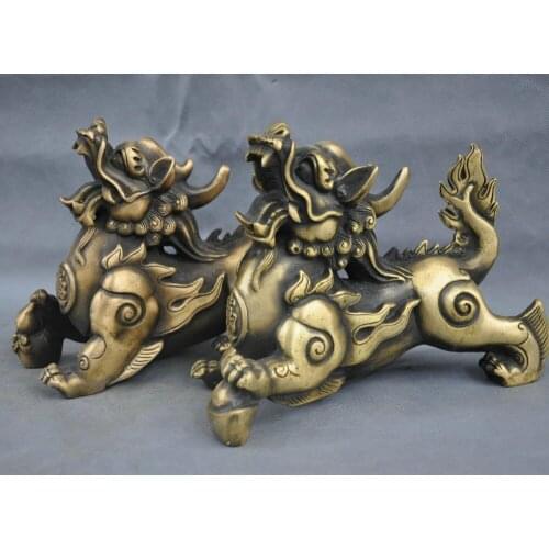 10" A Pair of Elaborate Chinese Brass FengShui Fly Dragon Kylin Auspicious Statues