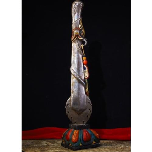 19"Tibet temple Old Tiantie Engraved Tracing Skull Dragon head snake Dorje Vajra Phurpa Bodhi root Base set Town House Exorcism