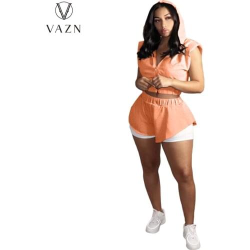 VAZN 2021 Hot Sales Energy Regular Daily Tracksuits Set Hooded Short Sleeve Cloth Short Pant Young Slim Women 2 Piece Set
